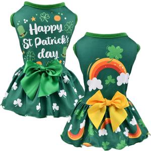 2-Pack Saint Patricks Day Dog Cat Dress St Patricks Clover Rainbow Puppy Dresses with Bow Pet Bowknot Shamrock Skirt Outfit Costume for Puppies Cats Small & Medium Dogs L