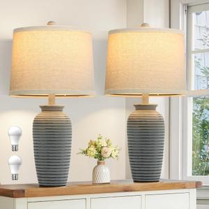 Farmhouse Jar Table Lamps for Living Room Set of 2, 22.5" Vintage Bedside Table Lamps for Night Stand with Resin Body, Rustic Beige Shades Lamps for Bedroom, Regular Size