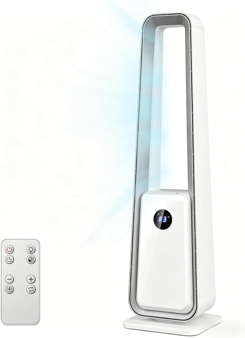 Bladeless Tower Fan for Bedroom, 36’’ Cooling Standing Fan, 24 Speeds & 3 Modes, 75° Oscillation, Remote Control, Ultra-Quiet, 12H Timer, Floor Fan for Indoor Home Office Living Room, White