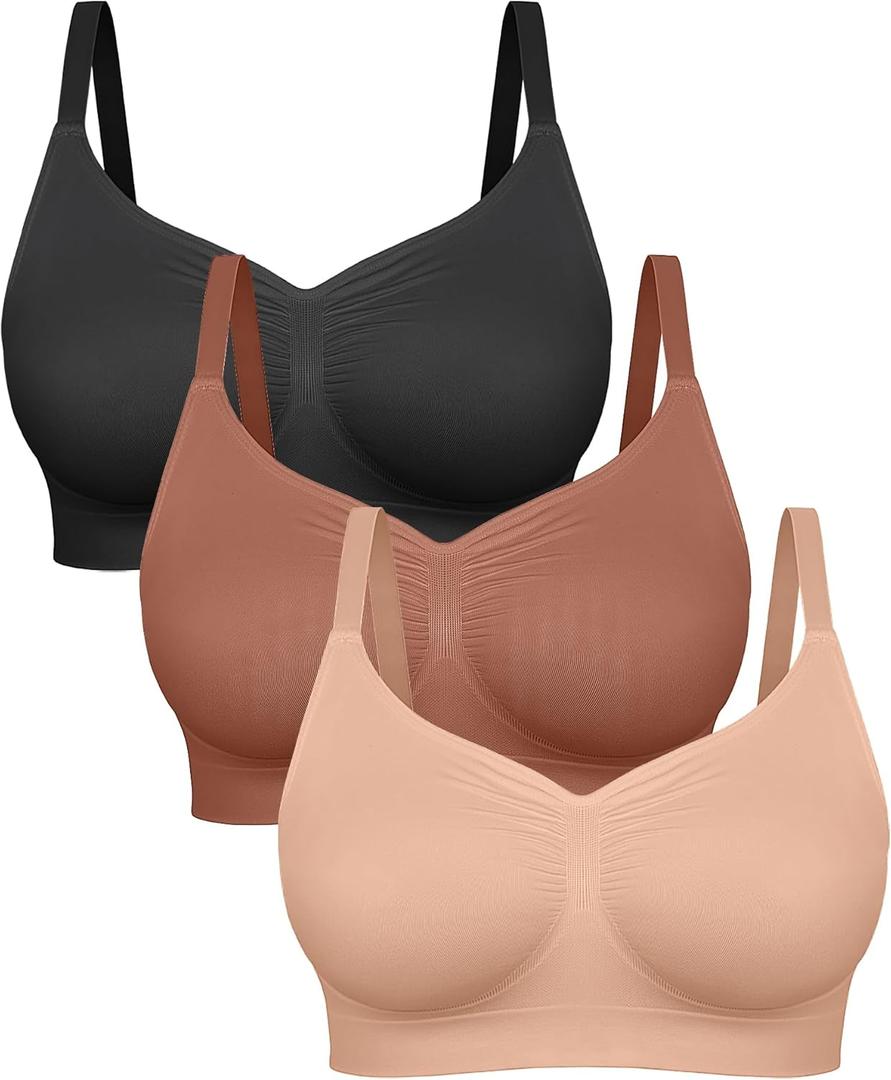 FeelinGirl Bras for Women Wireless Bralettes No Underwire Unlined Seamless Everyday Bras 3-Pack (Large, Black/Sienna/Nude)