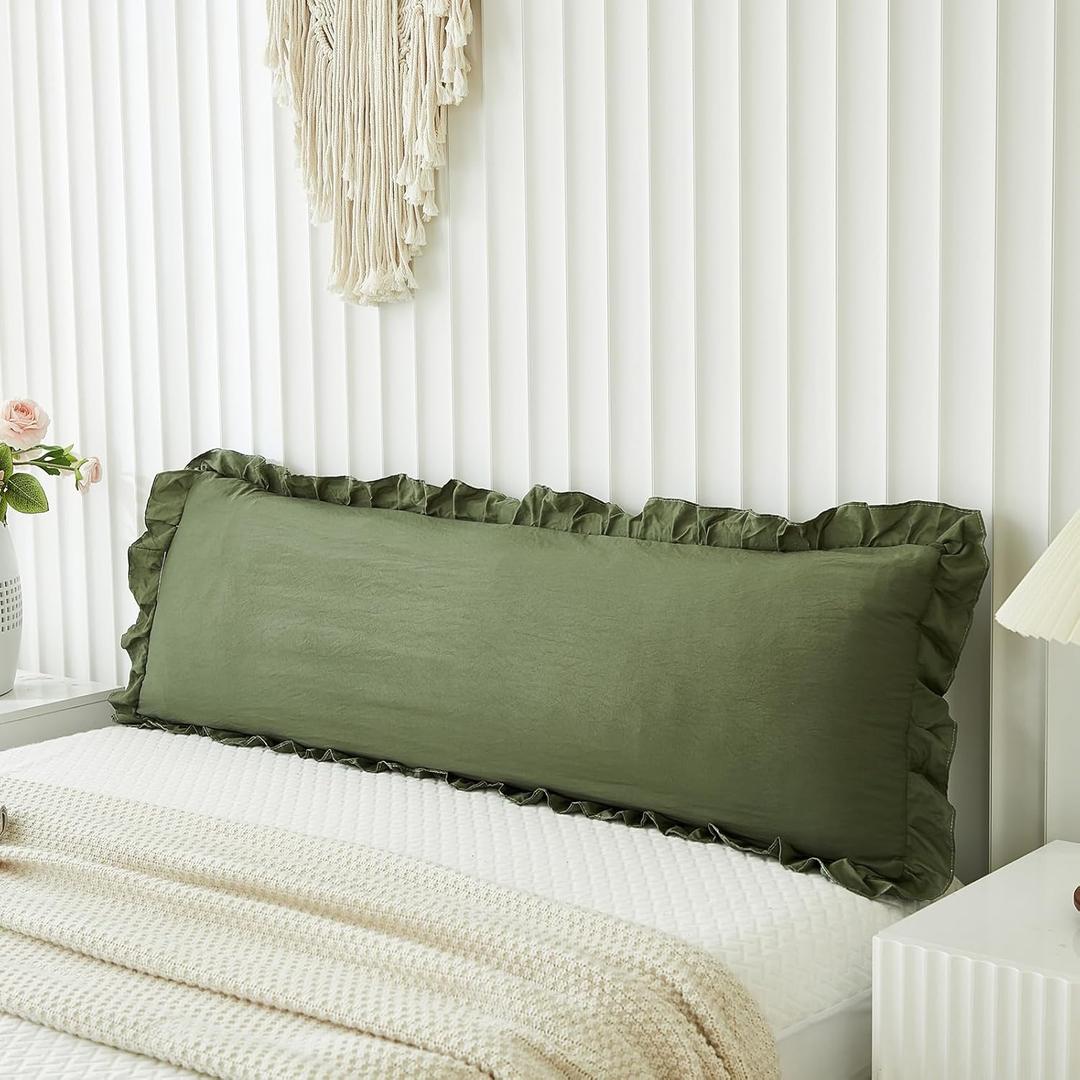 Shabby Chic Olive Green Body Pillow Cover - 20x54in Long Pillowcase with Ruffled Fringe Decor