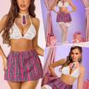 Avidlove Sexy Lingerie Set for Women Plaid Mini Skirt Outfit with Thong Set 4 Piece (Large, Pink)