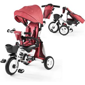 JMMD Baby Tricycle, 7-in-1 Folding Kids Trike with Adjustable Parent Handle, Safety Harness & Wheel Brakes, Removable Canopy, Storage, Stroller Bike Gift for Toddlers 18 Months - 5 Years (Red)