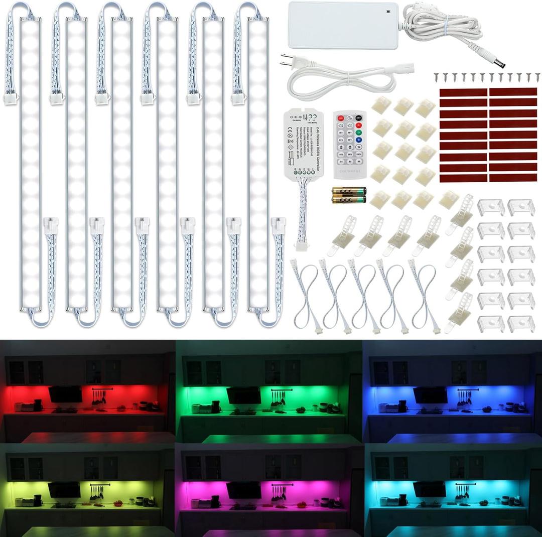 Under Cabinet LED Lights Kit. RGB Color Changing & Super Bright White Lighting. Dimmable with Remote. 6 pcs Linkable LED Light Strips with Power Supply, Extension Cords. Plug in. Max 24W. RGB + 5000K.
