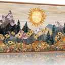 Rantodecor Boho Mountain Framed Canvas Wall Art, Western Daisy Floral Landscape Wall Decor, Rustic Fern Flowers Art Painting, Modern Fantasy Nature Sun Artwork for Bedroom Living Room Office 40"x20"