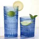Loivttvv Glassware Drinking Glasses Set of 8, 14 oz Highball Glasses & 10 oz Ribbed Glass Cups, Vintage Glassware for Water, Juice, Cocktail, Whiskey (Blue)