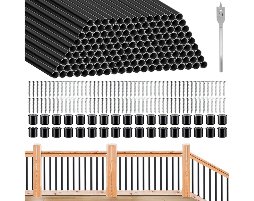 Yaocom 121 Pack 36 Inch Aluminum Deck Balusters 3/4" Diameter Black Metal Railing, Hollow Round Stair Spindles with Connectors and Screws for Railing Fencing Porch Staircase Wood Composite Deck