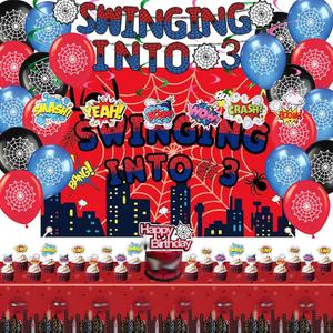 3 Spider Theme Birthday Party Supplies Decorations Including Birthday Banner, Backdrop, Balloons, Hanging Swirls, Tablecloth, Cake Toppers for Spider Party