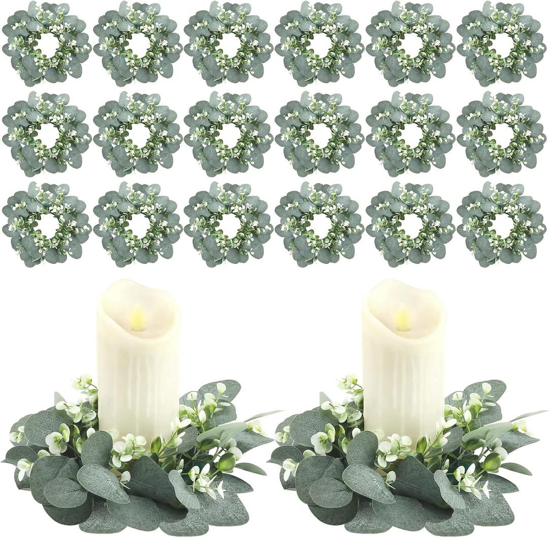 Panelee 20 Pcs Wedding Candle Rings Wreaths Green Eucalyptus Leaves Artificial Leaf Boho Candle Pillars Holder