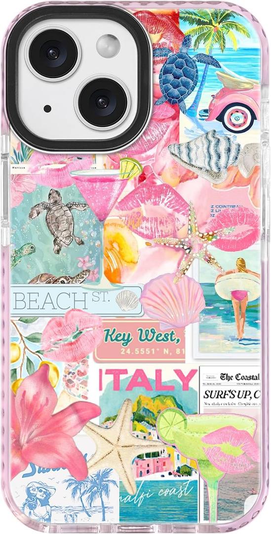 2 x ChiCsFleur for iPhone 13 / iPhone 14 Case, TPU Phone case with Camera Protection for Women Girls Teens - Coastal Gift Collage Christmas Pink Lips Floral Italy Shell Palm Hibiscus Aesthetic Unique