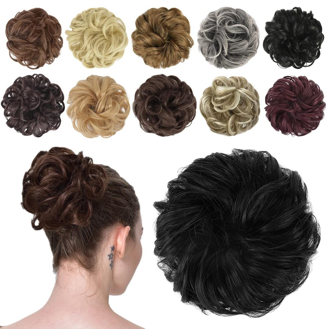 FESHFEN Messy Bun Hair Piece - Wavy Synthetic Chignon Scrunchies for Instant Volume, Elastic Bun Ponytail Hair Extensions Thick Hairpieces for Women, Off Black 1.50 oz (Medium)