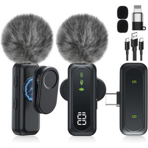 Wireless Mini Microphone for iPhone  Magnetic Clip Mini Mic with 100% Battery Display, Noise Reduction, Plug & Play, Compatible with iOS/Android  for Video Recording YouTube Tiktok