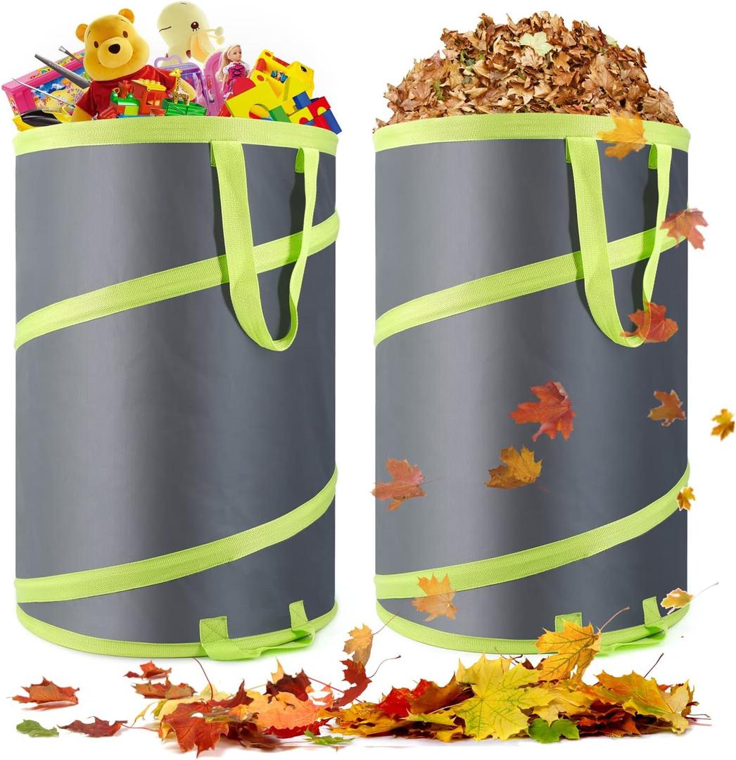 Resuable Leaf Bag 2 Pack, Collapsible Trash Can for Camping, Garden Waste Bag Pop Up, 120L Large Yard Waste Container with Drain Holes and Drawstrings for Windy Days