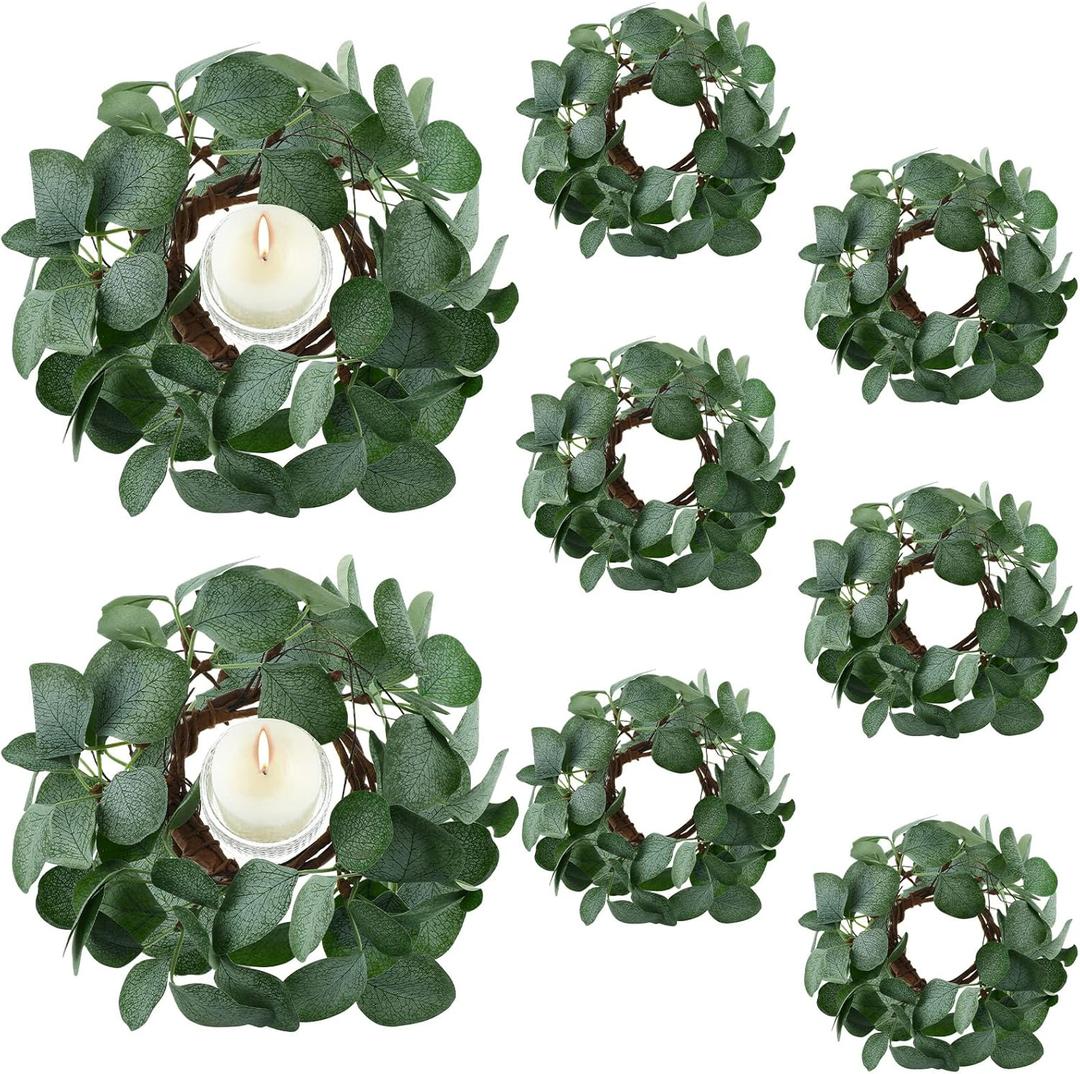 8 Pcs Candle Rings Artificial Eucalyptus Leaves Wreaths Candle Rings Wreaths Greenery Wreath Candle Rings for Pillars Boho Wreath Pillar Candleholders for Wedding Party Home Table Door (,) (Simple Style)