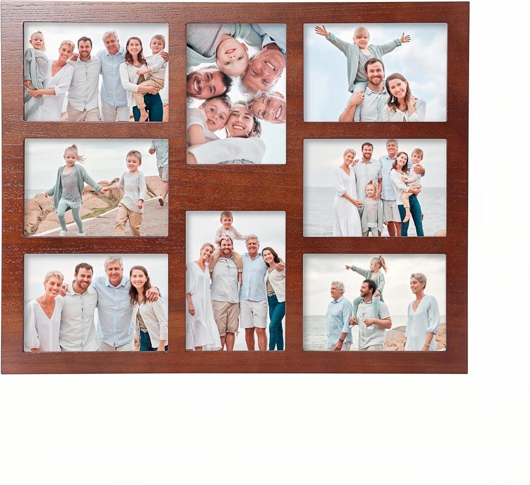 5x7 Picture Frame Collage for Wall Decor-Large Size 8 Openings Brown Picture Frame Wall Decor Multiple Photo Collage Frames for Wall Mounting Vertically or Horizontally- Home and Family Display
