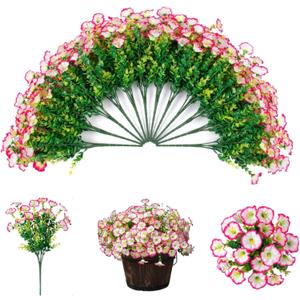 Artificial Flowers 12 Bundles Fake Plastic Bunch Rainproof UV Don't Require Water, Fertilizers, Trimmed Not Affected by Natural Weather(Pink Edge)
