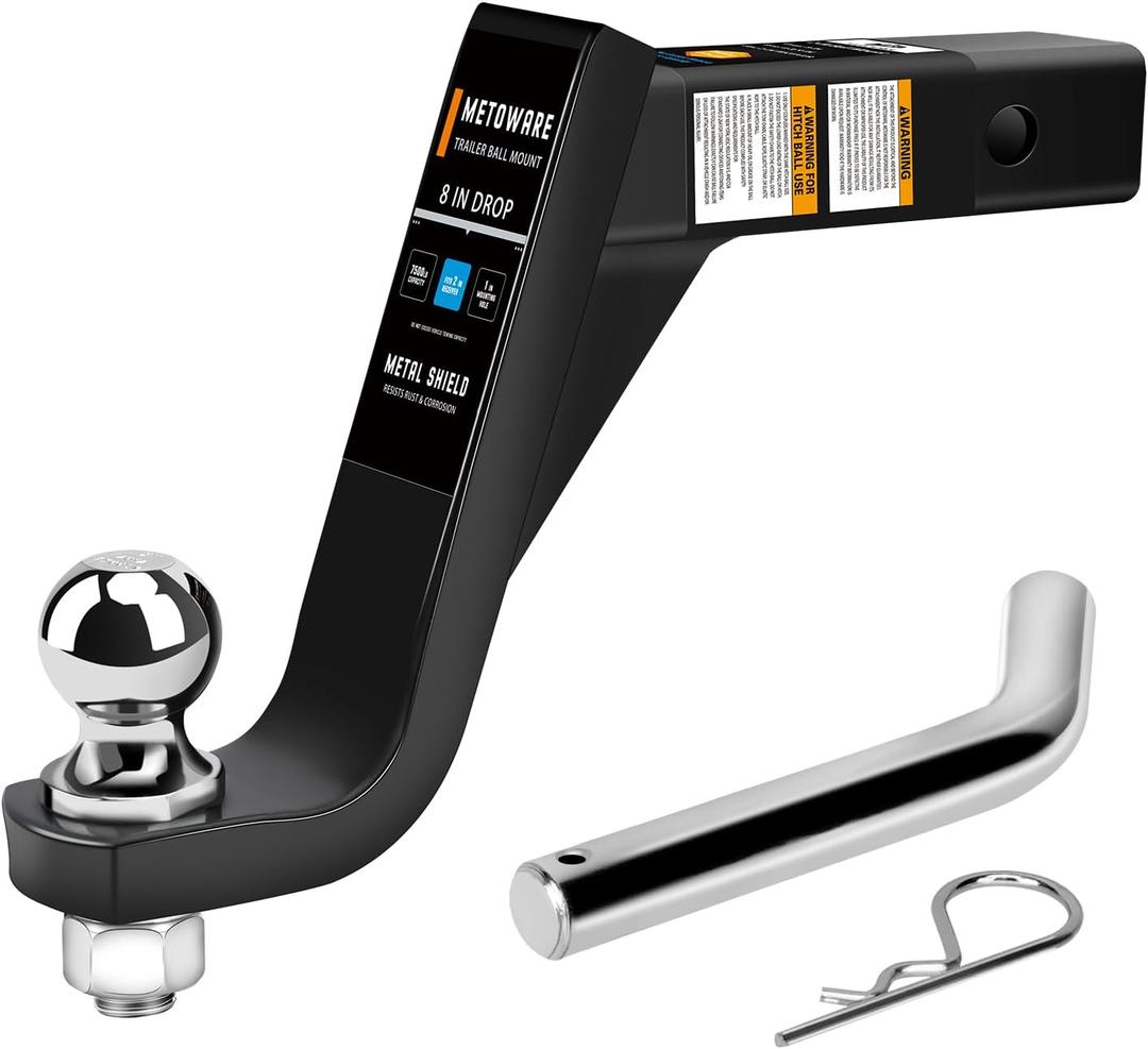 METOWARE Trailer Hitch Ball Mount with 2-Inch Ball & 5/8" Hitch Pin Clip, Fits 2-Inch Receiver, 7500 lbs Capacity Ball Hitch, 8-Inch Drop, Black