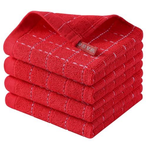 Homaxy 100% Cotton Terry Kitchen Dish Cloths, Ultra Soft and Absorbent Dish Towels for Kitchen, Suitable for Drying and Washing Dishes, 4 Pack, 12 x 12 Inches, Red