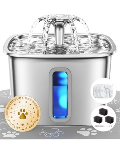 Veken Innovation Award Winner Stainless Steel Cat Water Fountain, 95oz/2.8L Automatic Pet Fountain Dog Water Dispenser with Replacement Filters & Silicone Mat, Gifts for Cats, Dogs (Silver)