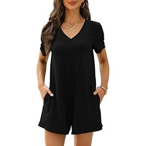 Btaiuo Women's Summer Short Sleeve V Neck Short Jumpsuit Loose Casual Romper with Pockets, 2XL, Black  Btaiuo Women's Summer Short Sleeve V Neck Short Jumpsuit Loose Casual Romper with Pockets, 2XL, Black