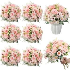 Tigeen 6 Bundles Artificial Bouquet Flowers Artificial Peonies Faux Roses Silk Flowers Hydrangea Bouquet for Wedding Table Centerpiece Floral Vase Decor (Pink)