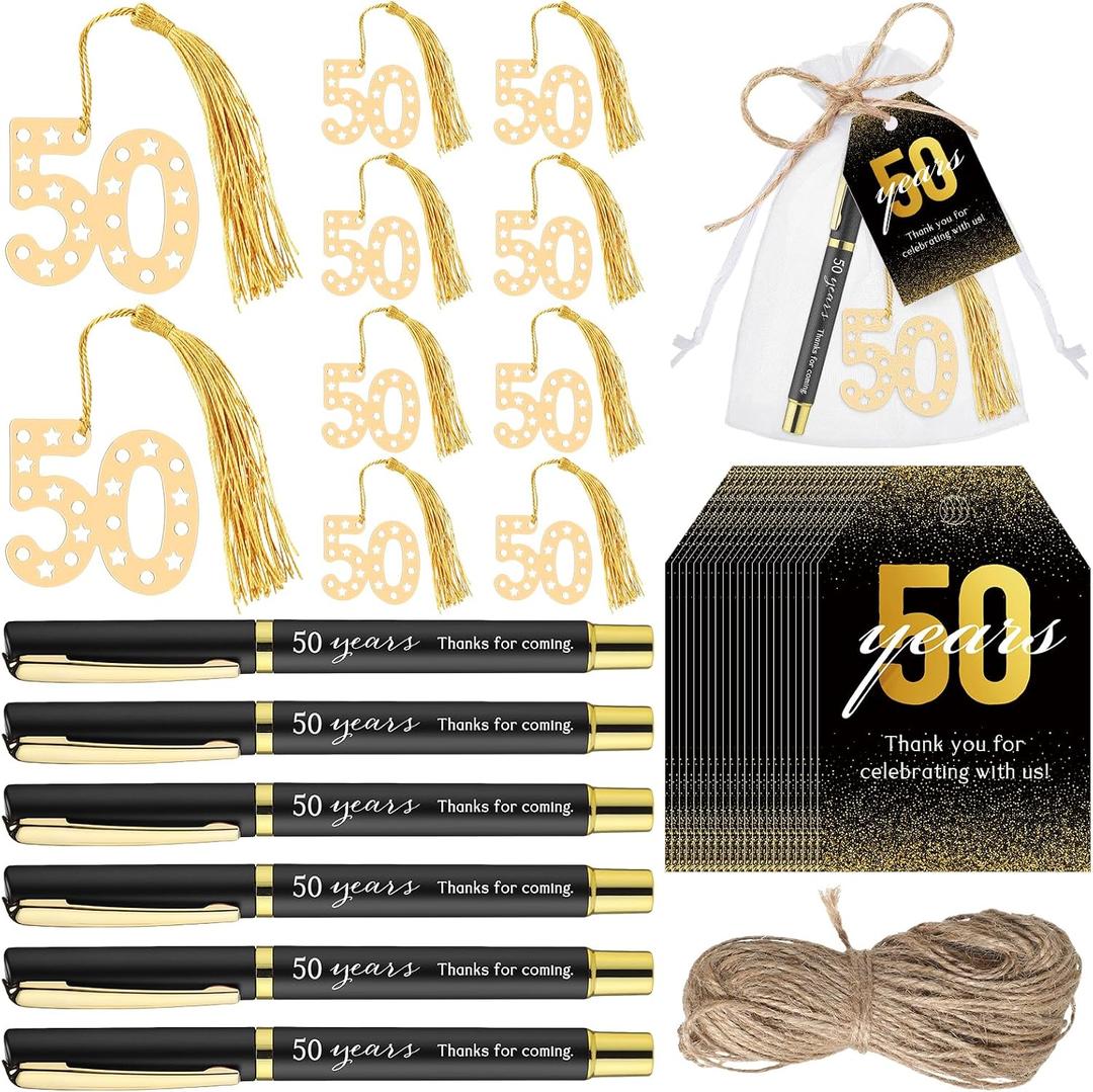 Spakon 25 Set 50th Birthday Party Favor for Guest Anniversary Party Favor Golden Birthday Bookmark Thanks Coming Pen with Tag Appreciation Gifts for Women Men Wedding Anniversary