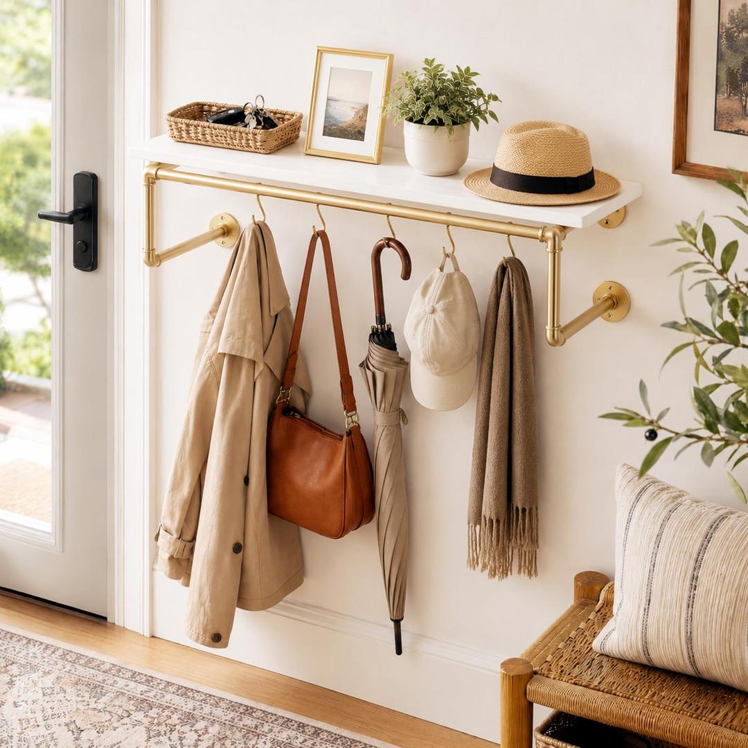 48 Inch Industrial Pipe Gold Clothing Racks with Shelves Wall Mounted