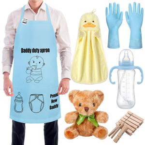 7 Pcs Daddy Duty Apron for New Dad Funny Diaper Apron for Baby Shower First Daddy to Be Father's Day Gift(Blue,Classic)