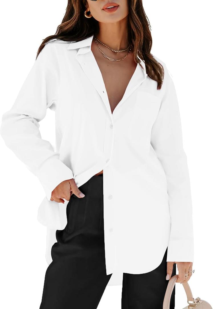 siliteelon Womens Button Down Shirts Dress Shirts Long Sleeve Blouses V Neck Solid Casual Tunics Tops with Pockets (White, L)