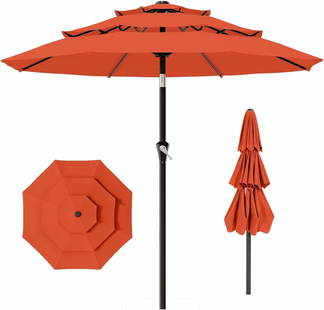 AreShark 9ft 3-Tier Patio Umbrellas, Outdoor Umbrella with 8 Sturdy Ribs UV Protection Windproof, Market Table Umbrella w/Push Button Tilt & Crank for Pool, Porch, Deck, Garden(Orange)