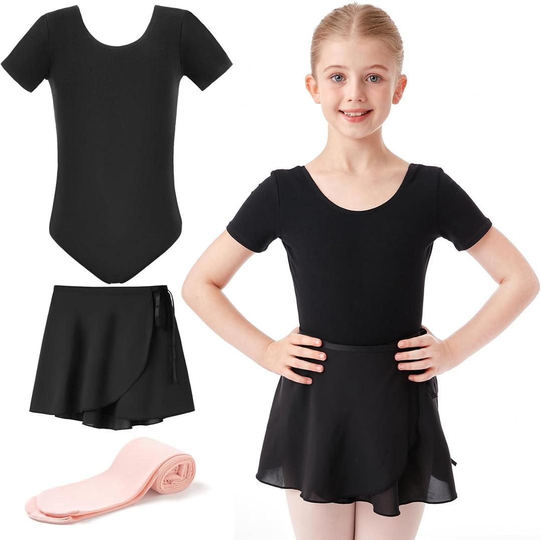 HiDance Ballet Leotards with Dance Skirt and Ballet Tights for Girls Toddler Dance Dress Outfit Combo (5-6 Years, 01-black)