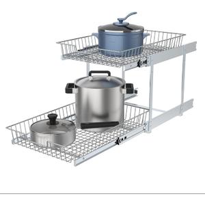 2 Tier Individual Pull Out Cabinet Organizer 14"W x 21" D, Cabinet Pull Out Shelves Slide Out Kitchen Storage Sliding Shelves for Cabinet-Organization in Kitchen, Chrome