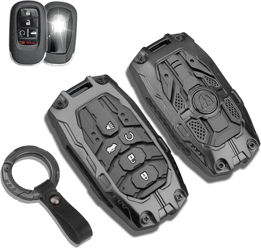 QBUC for Honda Key Fob Cover with Keychain - Heavy Zinc Alloy Shell & Silicone Case for Double Protection - Compatible with 2022-2026 Honda Accord Civic HR-V CR-V Pilot (Black)