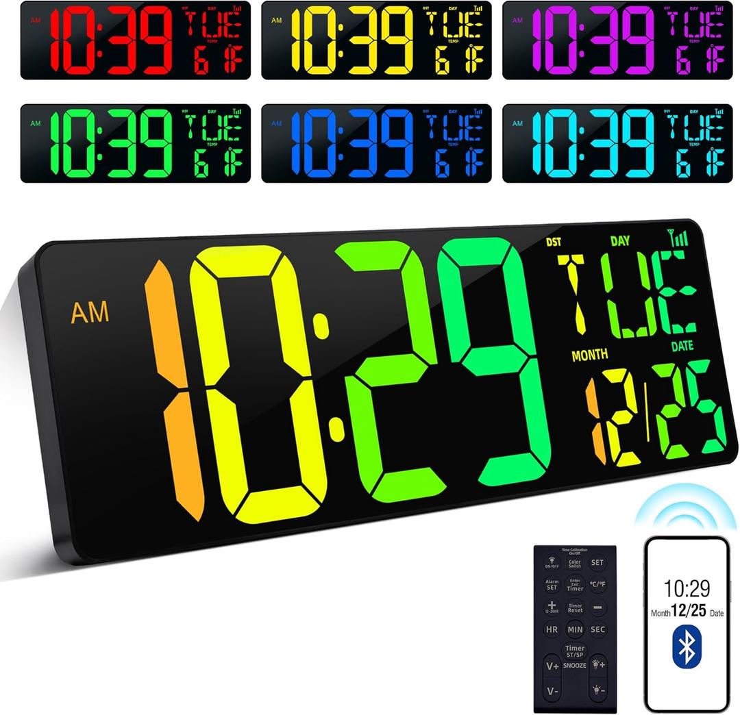 CYMHCHL Large Digital Wall Clock 17.2" Bluetooth Auto Time Sync Led Digital Clock Large Display 11 RGB Colors Auto-Dimming/DST Big Timer with Remote Control for Living Room Classroom Decor Garage Gym