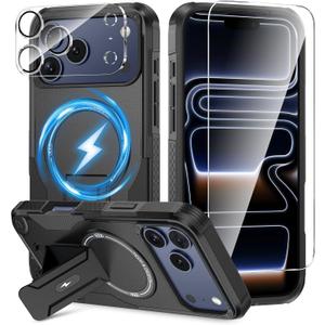 3 in 1 for iPhone 17 Pro Max Case [Compatible with MagSafe] [Invisible Kickstand] [HD Screen Protector] [Camera Lens Protector], Protective Magnetic Phone Cover for iPhone 17 Promax (Black)