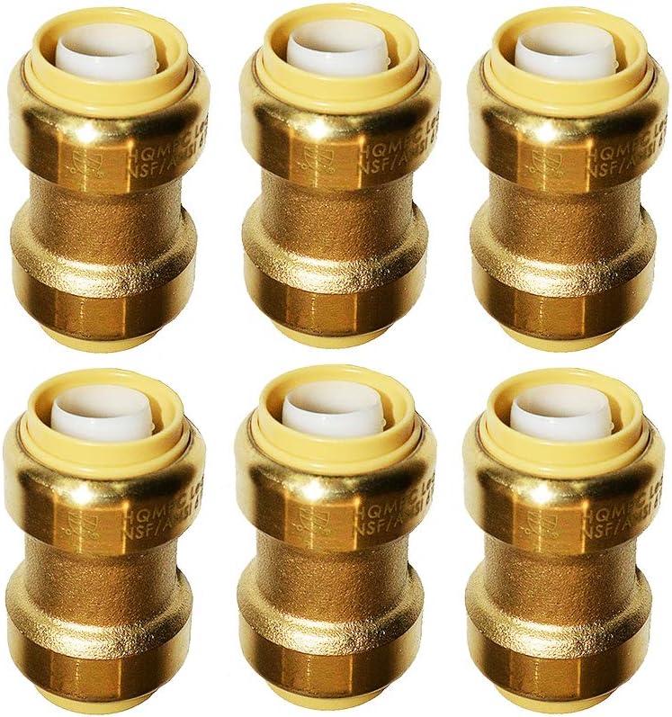 HQMPC Pex Fittings 3/4 inch Straight Coupling Push Fit PEX Fitting, Push-to-Connect Copper, CPVC, No Pb Brass Plumbing Fit (6PCS, 3/4") (0.75 Inch)