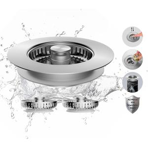 Hibbent All Metal Stainless Steel 3 in 1 Kitchen Sink Drain Strainer, Upgraded Anti-Rust Sink Stop Combo, 3 Anti-Clogging Stainless Steel Baskets with Metal Handle for US Standard 3-1/2" Drain