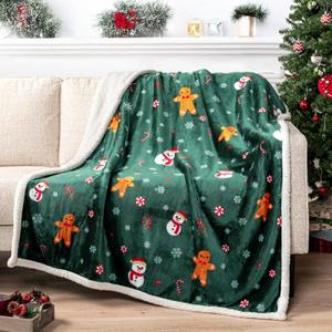 PAVILIA Green Christmas Sherpa Throw Blanket, Gingerbread Snowman Holiday Pattern, Soft Reversible Fleece & Sherpa 50x60 Winter Blanket for Couch & Bed, Cozy Christmas Decor
