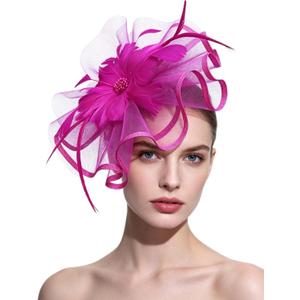 SAFERIN Fascinator for Women Hair Clip Hat Bowler Feather Flower Veil Wedding Party Hat Tea Hat (Pink)