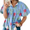 Cicy Bell Womens Boho Floral Blouses Puff Sleeve V Neck Babydoll Shirts (S)