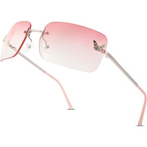 Rectangle Rimless Sunglasses for Women Retro Trendy Square Sun Glasses Vintage Shades (C7 Silver/Gradient Pink)