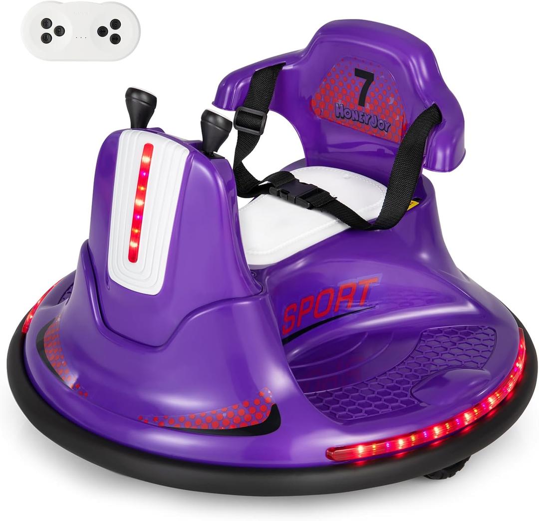 HONEY JOY 12V Bumper Car for Toddlers 1-3, Baby Ride on Bumper Car w/Dual Joysticks, Flashing LED Light & 360 Degree Spin, Electric Vehicle for Kids, Ride on Car w/Remote Control, Gift for Boys Girls (Purple)