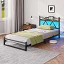 Black Twin Bed Frame with LED Lights and Charging Station–12cm Low Profile,Modern Twin Metal Bed Frame with Storage Headboard,Sturdy Steel Slat Support,No Box Spring Needed, Noise Free,Easy Assembly