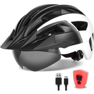Adult Bike Helmet with Visor and Goggles for Men Women Mountain Road Bicycle Helmet Rechargeable Rear Light Cycling Helmet (L: 57-61 cm (22.4-24 inches), Black White)