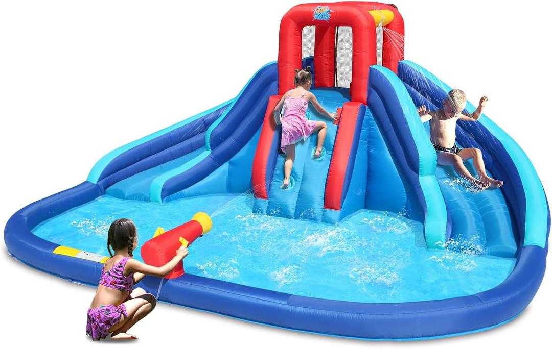 Action Air Water Slide, Inflatable Waterslide with Large Pool, Blue Bounce House with Double Slide and Climbing Wall, 13.08' x 10.5' x 6.08'