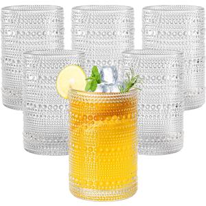 15oz Hobnail Drinking Glasses Set of 6,Clear Vintage Glassware Embossed Water Tumbler,Cocktail Glass Cups for Beer,Whiskey,Juice and Various Mixed Drinks