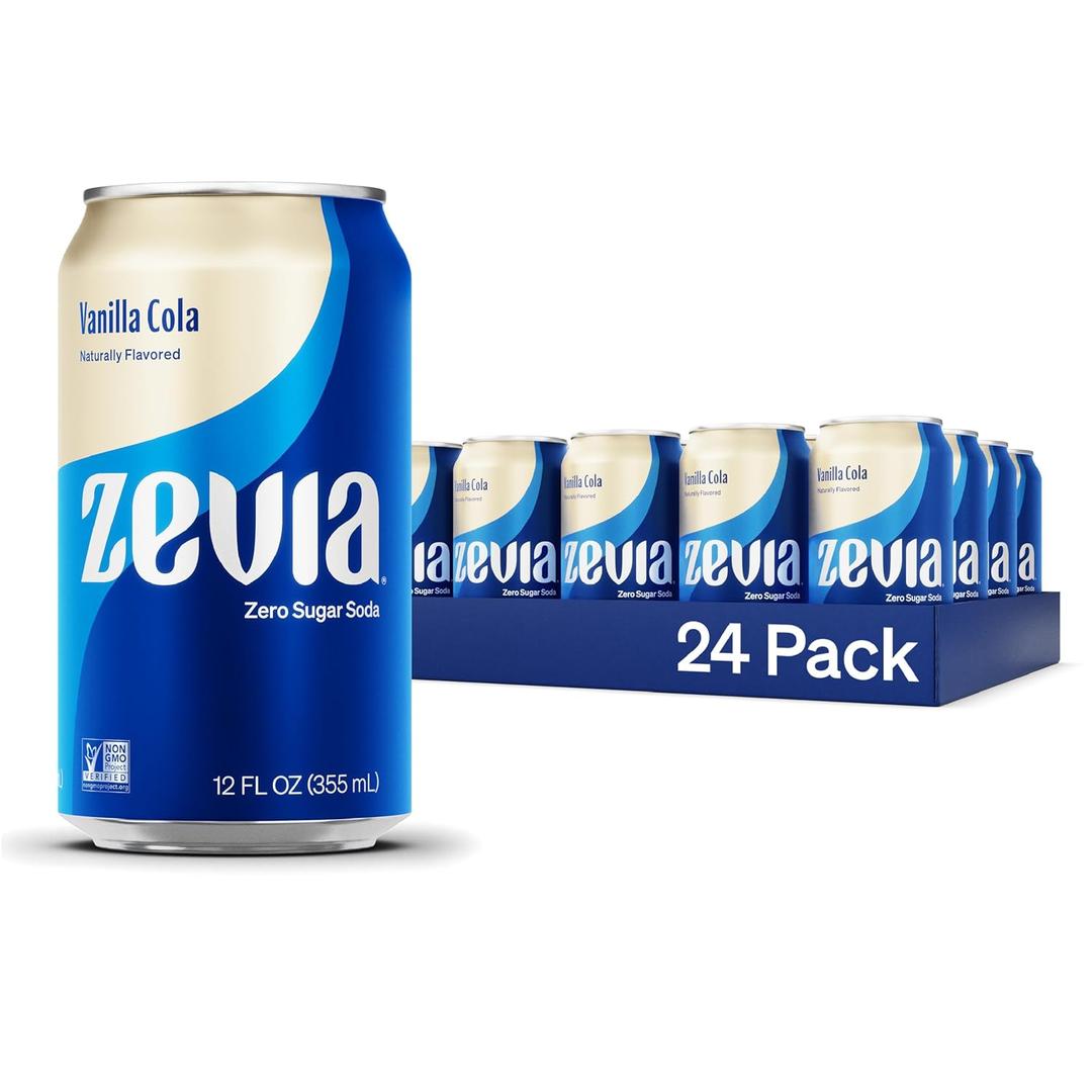 Zevia Zero Sugar Soda, Vanilla Cola, 12 oz Cans (24-Pack) Naturally Sweetened, Non-GMO Project Verified, Gluten-Free, Vegan, BB 07-22-2026