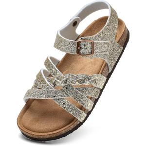 Torotto Girls Sandals with Cork Footbed Adjustable Buckle Casual Slides Sandals Open Toes Flat for Kids Toddler, Gold (5 Big Kid)