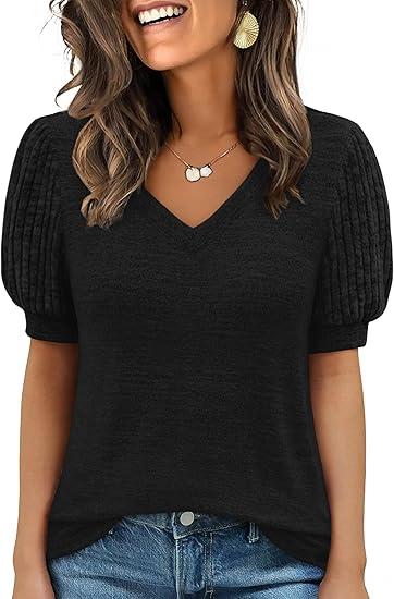 ANRABESS Womens Tops Short Sleeve Sweaters Dressy Casual V Neck Summer Tunic Blouses Cute Work Shirts 2026 Trendy Clothes, M