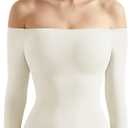 SUUKSESS Women Off the Shoulder Long Sleeve Bodysuit Double Lined Thong Bodysuit (X-Small, Cream White)